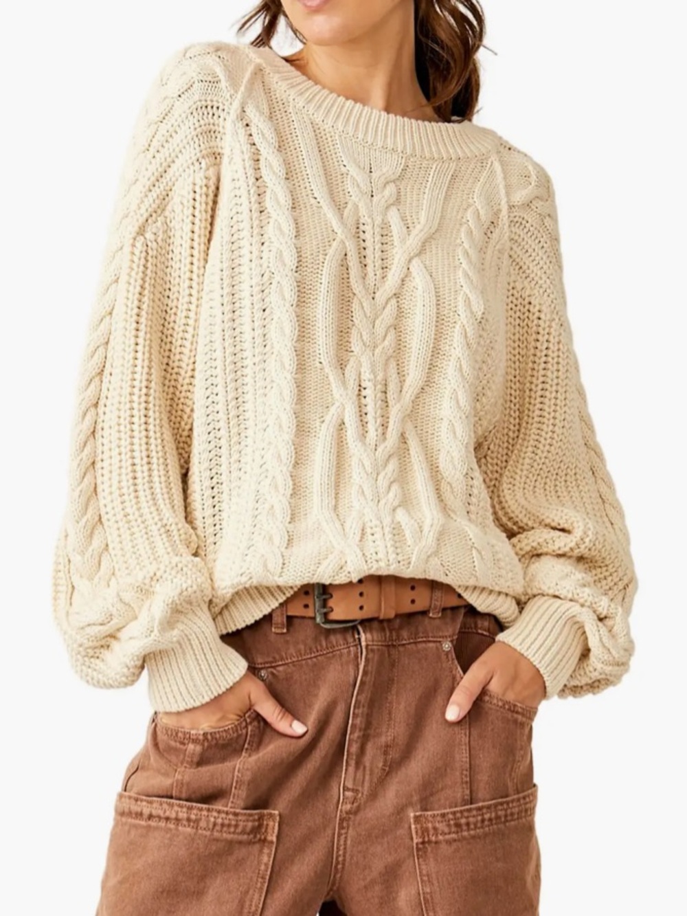 free people cable cotton blend knit cream oversized sweater